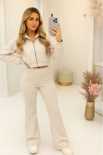 Oatmeal Zip Collar Top With Boot Leg Trouser