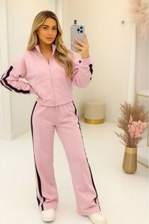 Pink Interlock 2 Stripe Sweatshirt With Wide Leg Trouser