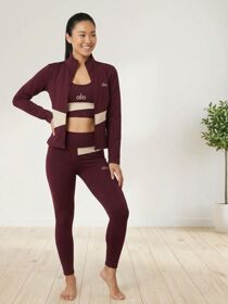 Wine Contrast Printed Waist Three Piece Gym Set