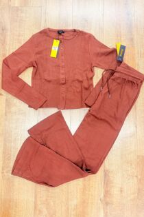 Brown Ribbed Molly Button Through Top and Wide Leg Trousers