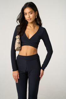 Black Long Sleeve Tie Front Crop Top With High Waist Flare Pants