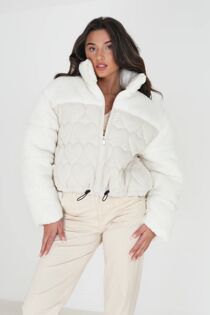 Cream Padded Heart Quilted Jacket With Fleece Panel And Sleeves