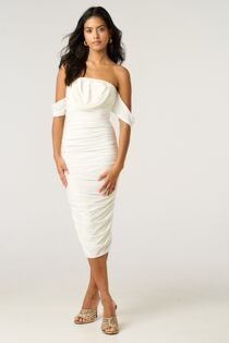 White Draped Strapless Midi Dress