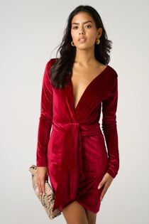 Wine Deep V Cocktail Look Tie Waist Velvet Mini Dress