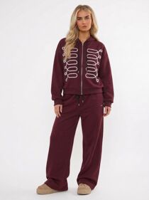 Hooded Cable Embroidered Zip-Up Detail Jogger Tracksuit Set