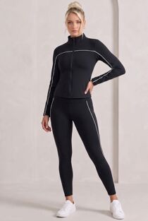 Black Striped Long Sleeve Active Top And Legging Energy Gym Set