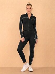 Black Printed Striped Long Sleeve Active Top And Legging Energy Gym Set