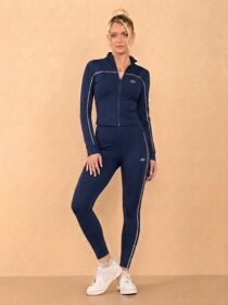 Navy Printed Striped Long Sleeve Active Top And Legging Energy Gym Set