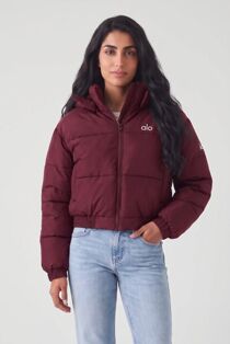 Wine Short Hooded Printed Puffer Coat