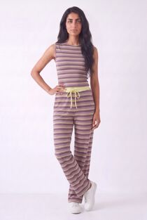 Wine Contrast Sleeveless Striped Top  And Relaxed Trouser