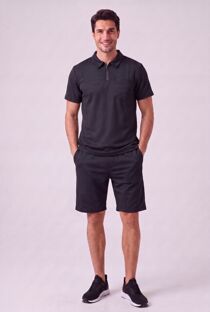 Black Waffle Pattern Polo Short Sleeve Shirt and Short Set