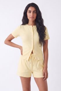 Butter Yellow Ribbed Button-Front Crop Top With Drawstring Shorts Set