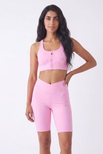 Pink Zip Front Printed Gym Crop Top With Cycling Short Set
