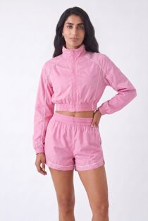 Pink Cropped Zip-Up Track Jacket And Running Shorts