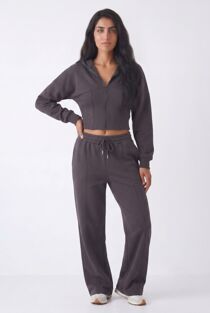 Slate Grey Ribbed Corset Fit Hoodie With Straight Leg Trouser