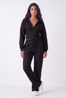 Black Ribbed Corset Fit Hoodie With Straight Leg Trouser