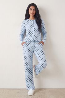 Blue Ribbed Polka Dot Molly Button Top And Wide Leg Trousers