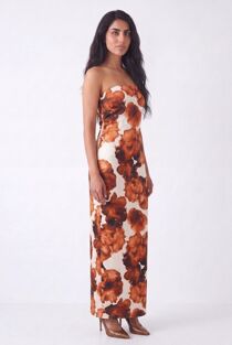 Rust Strapless Floral Bodycon Maxi Dress