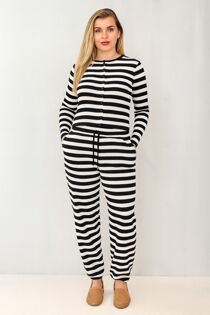 Black Contrast Striped Molly Button Top and Wide Leg Trousers