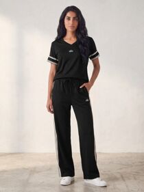 Black T-shirt Lounge Printed Co-ord Set with Wide-Leg Trousers