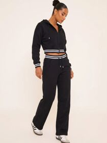 Black Hooded 2 Stripe Zip Up Jumper With Straight Leg Jogger