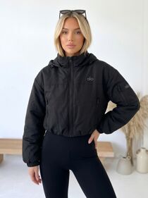 Black Printed Cropped Utility Bomber Jacket