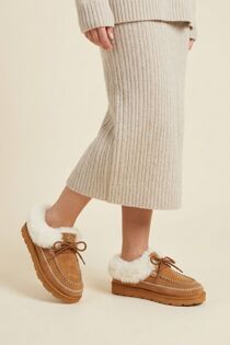 Camel Faux Fur Trim Stitch Detail Moccasin Slippers