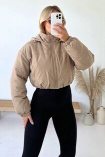 Beige Cropped Utility Bomber Jacket