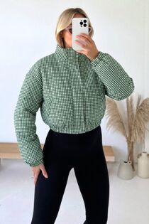 Green Zip Up Gingham High-Neck Cropped Jacket