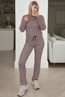 Wine and White Striped Long Sleeve Top and Wide Leg Trouser Co-Ord Set
