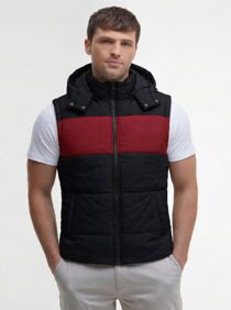 Black and Red Hooded Padded Puffer Gilet