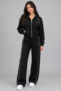 Hooded Elastic Cropped Printed Zip-Up & Side-Stripe Jogger Set