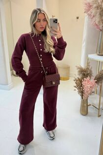 Wine Snap Buttons Corset Fit Sweatshirt With Wide Leg Trouser