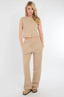Oatmeal Ribbed Sleeveless Button Up Top With Wide Leg Trouser