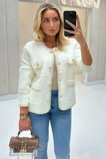 Contrast Long Sleeve Pearl Button Knitted Cardigan