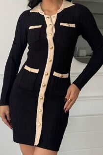 Black Long Sleeve Knitted Gold Button Front Bodycon Dress