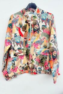 Beige Vibrant Bird Print Bomber Jacket