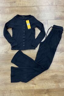 Black Kids Ribbed Molly Button Through Top and Wide Leg Trousers