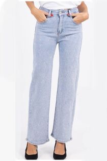 Blue High Waist Diamante Straight Leg Jeans