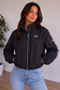 Black Balloon Sleeve Printed Lined Zip Windbreaker Jacket