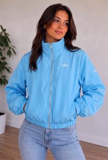 Blue Balloon Sleeve Printed Lined Zip Windbreaker Jacket