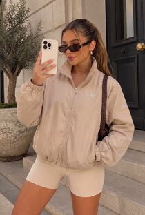 Beige Balloon Sleeve Printed Lined Zip Windbreaker Jacket