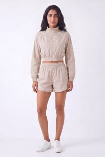 Beige Cropped Zip-Up Track Jacket And Running Shorts