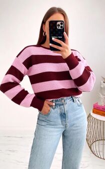 Wine With Pink Long Sleeve Stripe Balloon Jumper