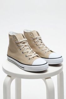 Beige Canvas High Top White Lace Up Trainers