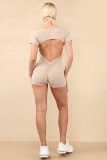 Beige Padded Cut Out Back Push Up Unitard
