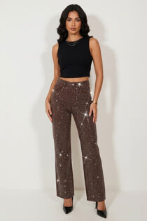 Brown High Waist Studded Wide Leg Jeans