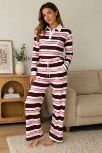 Brown With Pink Rugby Striped Sweatshirt With Wide Leg Trousers