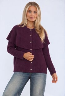 Wine Crew Neck Cape Button Up Ribbed Cardigan 