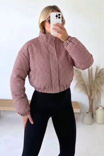 Wine Zip Up Gingham High-Neck Cropped Jacket